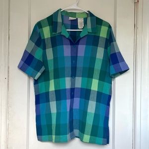 Vintage 1980s Blue Green Purple Color Block Short-Sleeve Button-Down by Koret